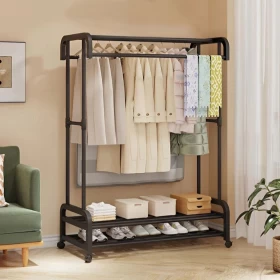 Double Rod Metal Clothes Rack with Storage Boxes for Shoes and Boots (151 × 51 × 109 cm)