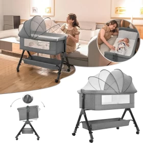 Foldable Baby Bed with Adjustable Height & Swinging Seat