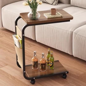 Rolling C-Shaped End Table – Mobile Side Table with Storage & Casters